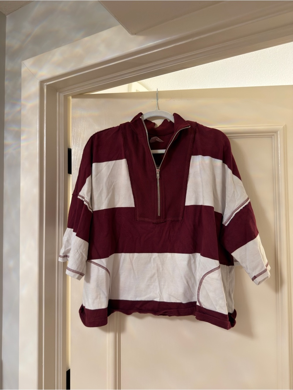 Free People Kids Burgundy & White Striped Quarter-Zip Hoodie